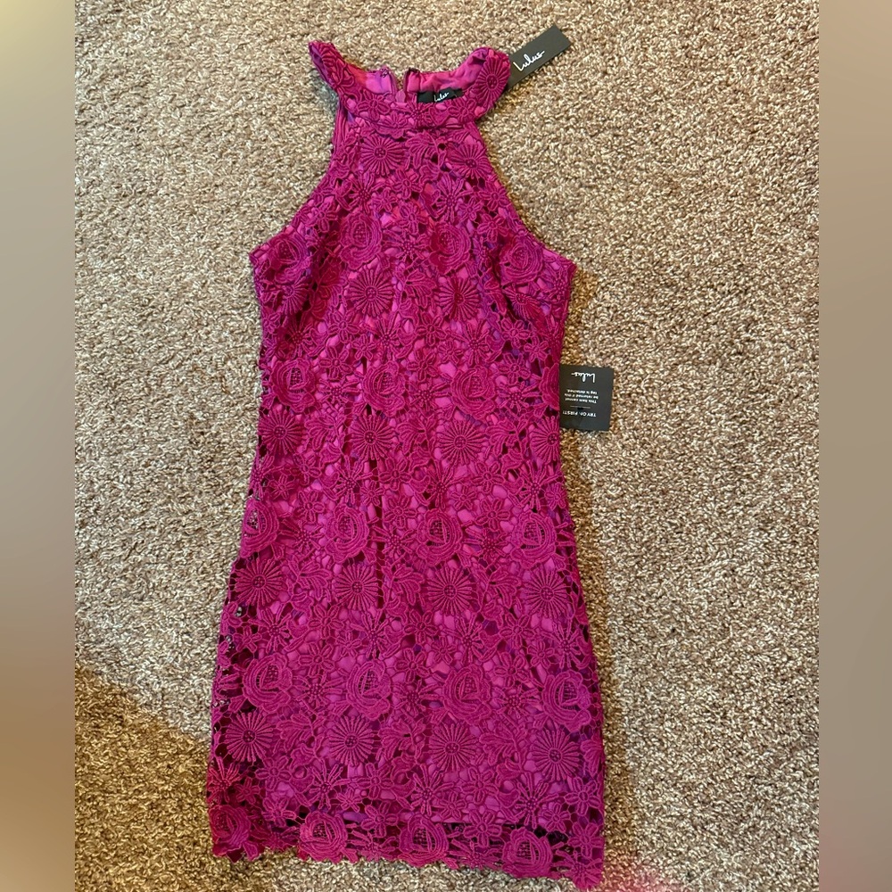 Lulu's Floral Lace Mini Dress in Magenta